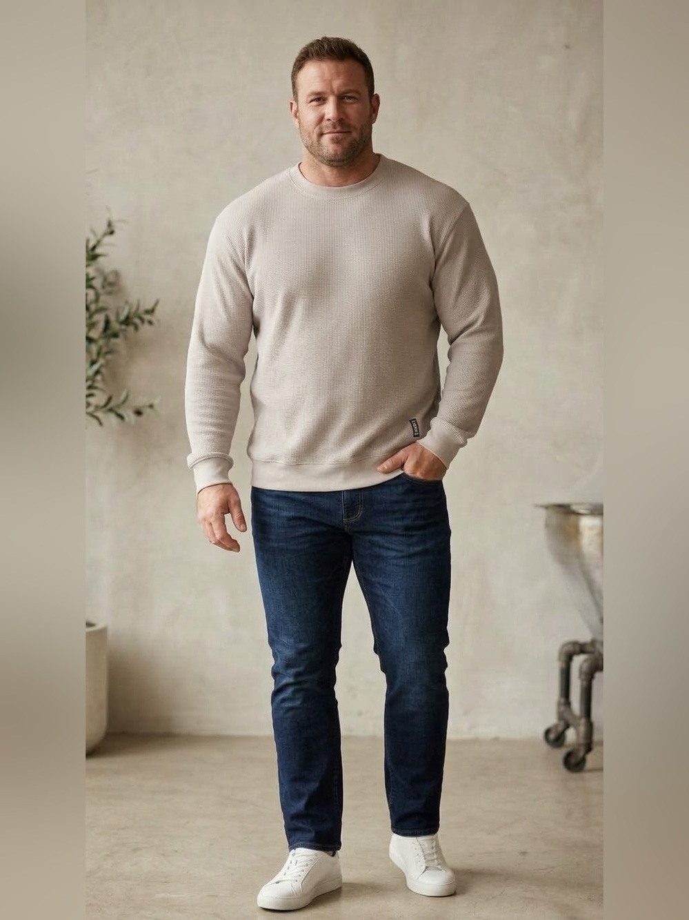 COMFRT Waffle Knit Lounge Long Sleeve Crewneck Sweater Size L Beige